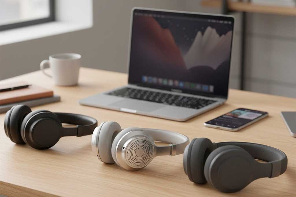 Best wireless headphones for iPhone displayed on a modern desk setup with iPhone and MacBook