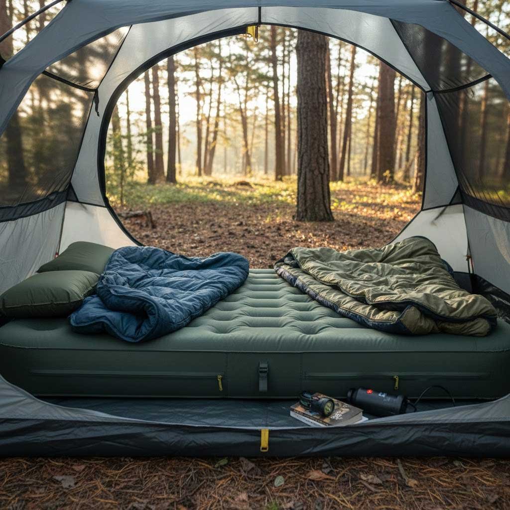 Low profile outdoor air mattress made from TPU material inside tent