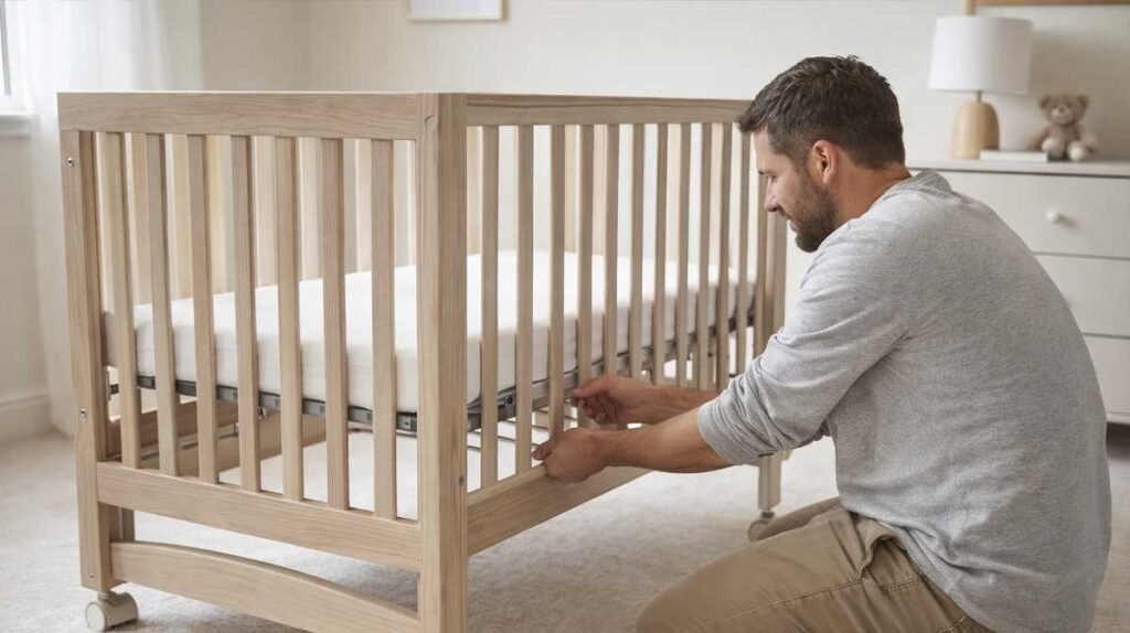 parent adjusting the mattress height of a baby crib for newborn safety
