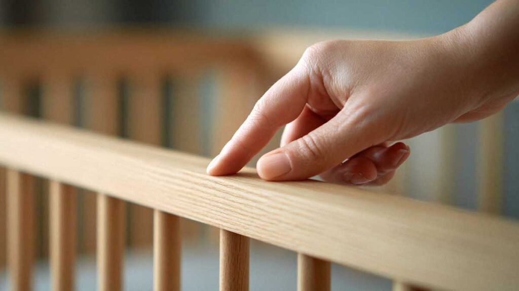 parent checking smooth non-toxic finish on a wooden baby crib
