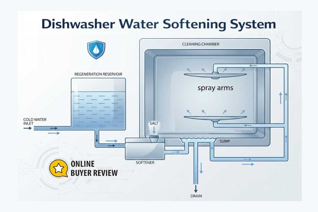 Diagram showing how a dishwasher water softening system works using salt to prevent limescale buildup
