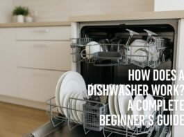 pen modern dishwasher with neatly arranged clean dishes in a white kitchen, featuring text overlay: "How Does a Dishwasher Work? A Complete Beginner’s Guide."
