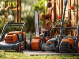 A Complete Guide to Choosing the Best Outdoor Power Equipment for Your Yard (2025) organized outdoor power tools set in a backyard including mower, trimmer, and blower on patio