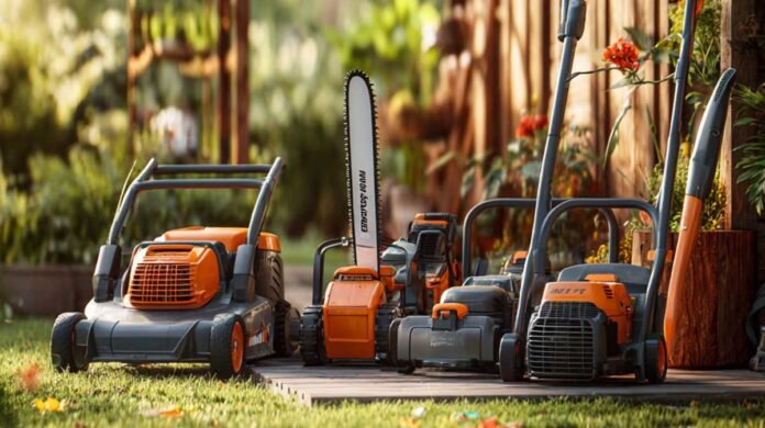 organized outdoor power tools set in a backyard including mower, trimmer, and blower on patio