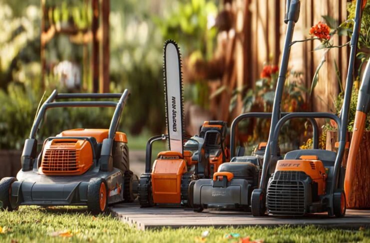 organized outdoor power tools set in a backyard including mower, trimmer, and blower on patio