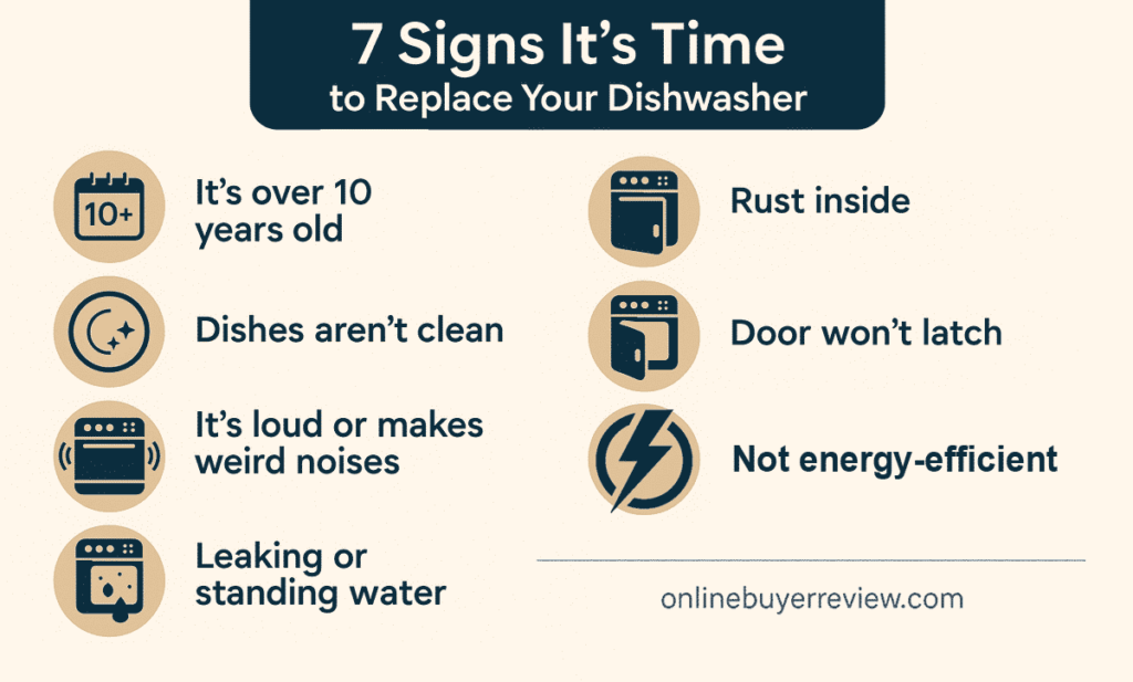 Infographic showing 7 warning signs your dishwasher needs to be replaced – including age, leaks, rust, and noise
