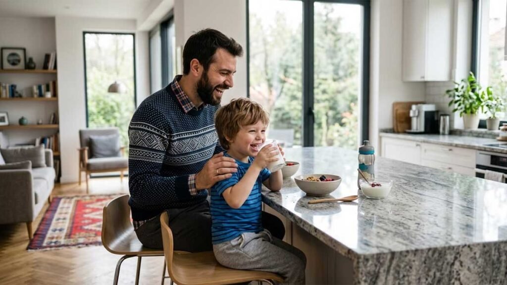 healthy family breakfast scene illustrating almond milk benefits for everyday wellness