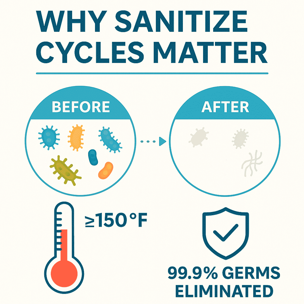 Infographic showing before and after effects of sanitize cycles in dishwashers — ≥150°F kills 99.9% of bacteria on baby bottles