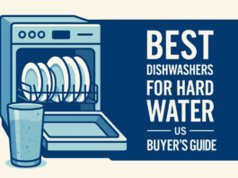 Banner image showing an open dishwasher with clean dishes and text that reads 'Best Dishwashers for Hard Water – US Buyer's Guide