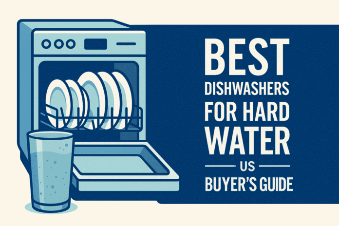 Banner image showing an open dishwasher with clean dishes and text that reads 'Best Dishwashers for Hard Water – US Buyer's Guide