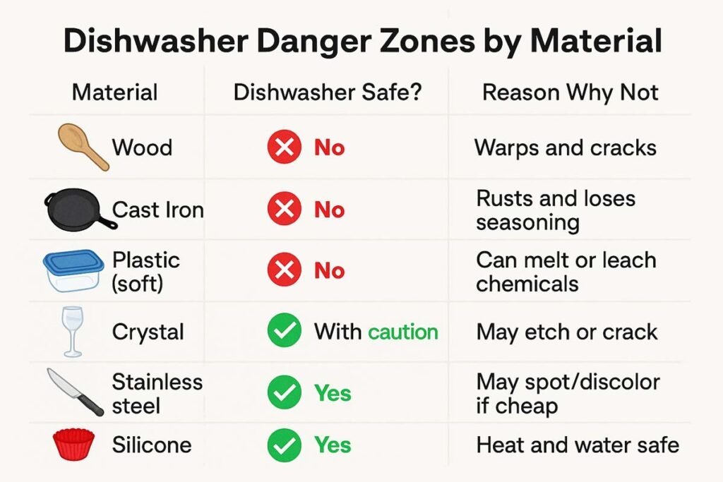 Dishwasher danger zones infographic with kitchen material icons, safety ratings and explanations for wood, cast iron, plastic, crystal, stainless steel and silicone