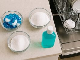 Top view of pods, powder and liquid dishwasher detergents next to a sparkling clean dishwasher