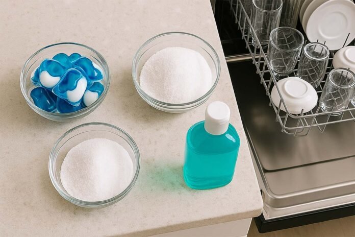Top view of pods, powder and liquid dishwasher detergents next to a sparkling clean dishwasher