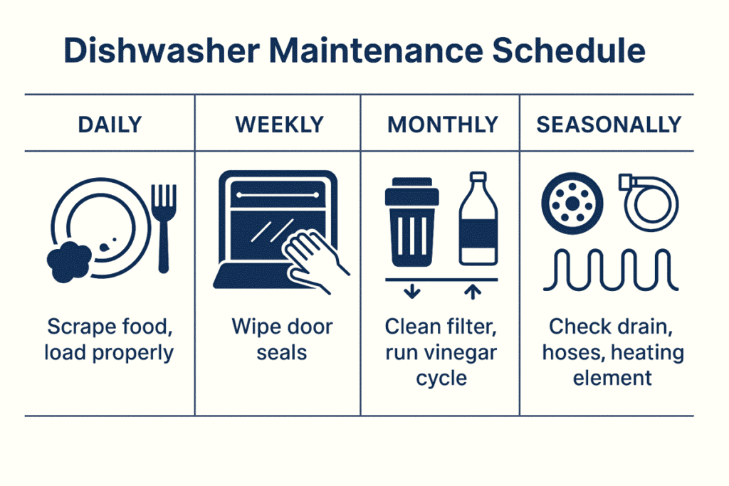 Infographic showing dishwasher maintenance schedule: scrape food daily, wipe door seals weekly, clean filter monthly, and check hoses seasonally.