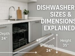 Open standard built-in dishwasher in modern American kitchen with labeled dimensions (24 inch width, 35 inch height, 24 inch depth) and text overlay: Dishwasher Sizes & Dimensions Explained