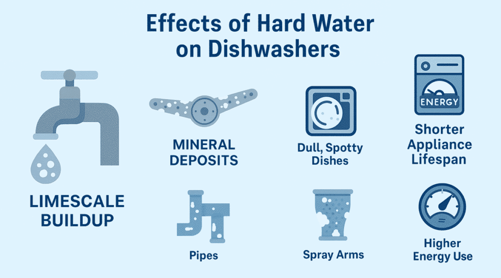 Infographic showing how hard water causes limescale buildup and mineral deposits in dishwashers, leading to dull dishes and shorter appliance lifespan