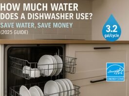 Open ENERGY STAR® dishwasher in a modern American kitchen with clean white dishes, featuring a “3.2 gal/cycle” water usage label and “How Much Water Does a Dishwasher Use?” title overlay