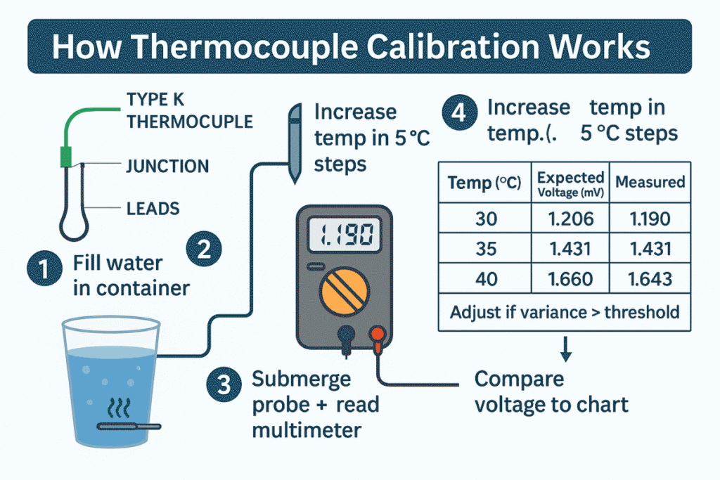 Step-by-step infographic showing how thermocouple calibration works using water bath and multimeter for Type K probe