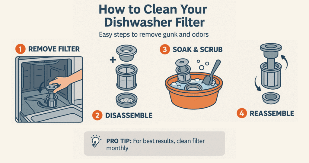 Infographic showing how to clean a dishwasher filter in four steps: remove, disassemble, soak & scrub, reassemble"