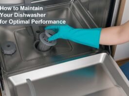 Person wearing a blue glove cleaning the filter of a stainless steel dishwasher, with overlaid text reading "How to Maintain Your Dishwasher for Optimal Performance".