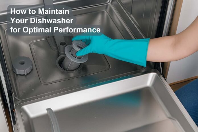 Person wearing a blue glove cleaning the filter of a stainless steel dishwasher, with overlaid text reading 