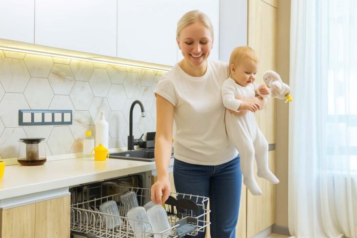mother unloading baby bottles from a dishwasher while holding her smiling baby in a bright modern kitchen