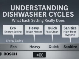Infographic showing Bosch dishwasher control panel with overlay text explaining dishwasher cycles like Eco, Heavy, Quick, and Sanitize and their functions.