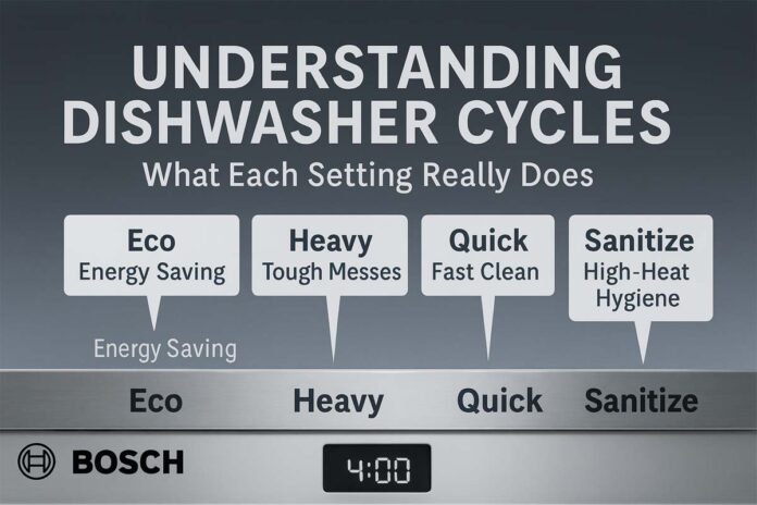 Infographic showing Bosch dishwasher control panel with overlay text explaining dishwasher cycles like Eco, Heavy, Quick, and Sanitize and their functions.