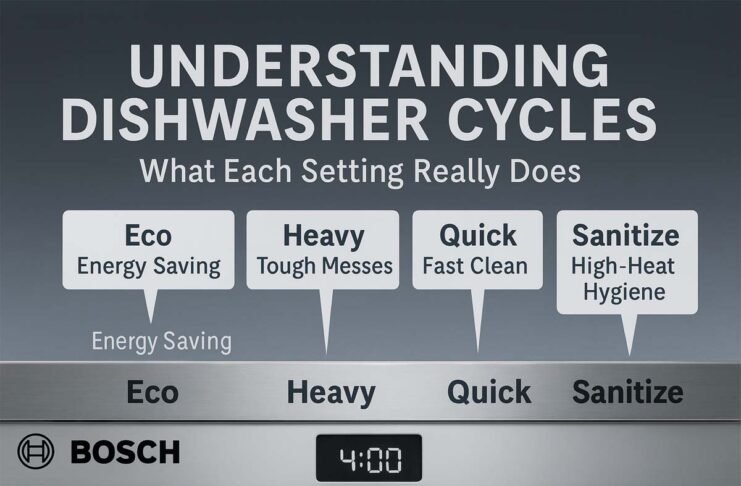 Infographic showing Bosch dishwasher control panel with overlay text explaining dishwasher cycles like Eco, Heavy, Quick, and Sanitize and their functions.
