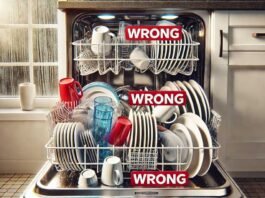 Overloaded dishwasher with crammed plates, pots, and utensils blocking the spray arms. Red “WRONG” captions highlight incorrect loading