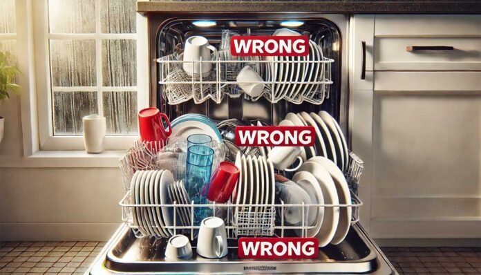 Overloaded dishwasher with crammed plates, pots, and utensils blocking the spray arms. Red “WRONG” captions highlight incorrect loading