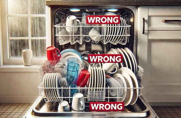 Overloaded dishwasher with crammed plates, pots, and utensils blocking the spray arms. Red “WRONG” captions highlight incorrect loading