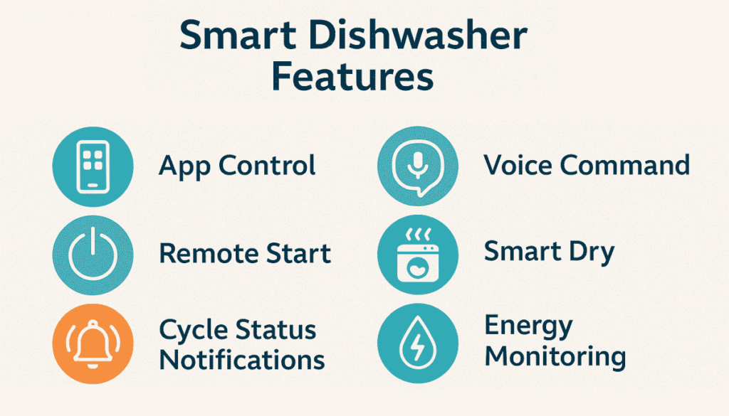 Infographic showing six key smart dishwasher features including app control, remote start, cycle status notifications, voice command, smart dry, and energy monitoring