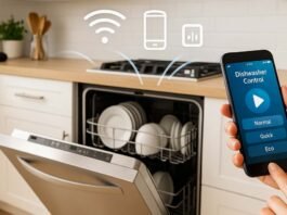 Person controlling a smart dishwasher with Wi-Fi using a smartphone app in a modern kitchen