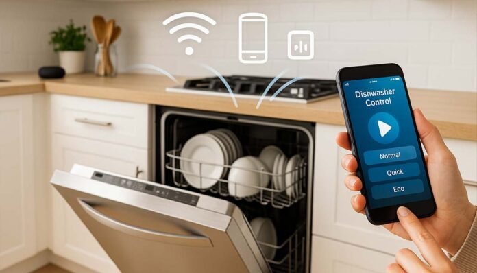 Person controlling a smart dishwasher with Wi-Fi using a smartphone app in a modern kitchen