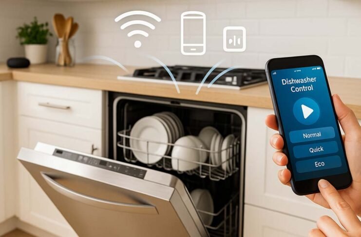 Person controlling a smart dishwasher with Wi-Fi using a smartphone app in a modern kitchen