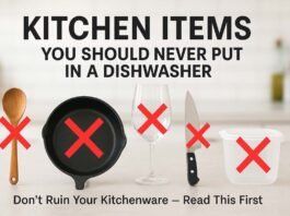 Wooden spoon, cast iron skillet, wine glass, knife, and plastic container with red X marks - Kitchen Items You Should Never Put in a Dishwasher