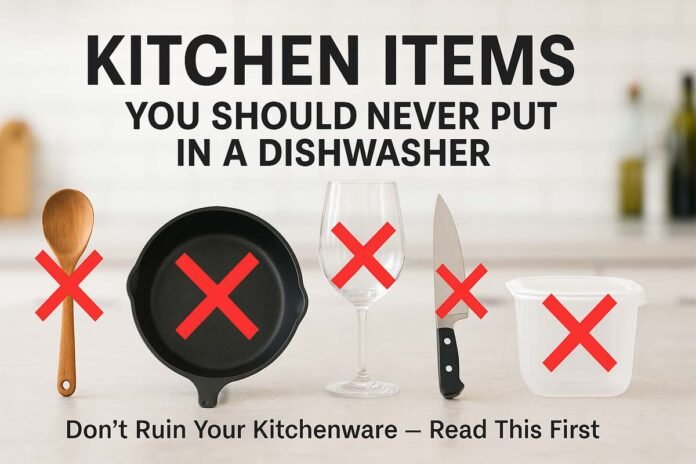Wooden spoon, cast iron skillet, wine glass, knife, and plastic container with red X marks - Kitchen Items You Should Never Put in a Dishwasher