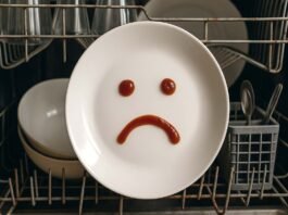 A dirty plate with a sad face drawn in ketchup inside a worn-out dishwasher — symbolizing it's time to replace your dishwasher in 2025.