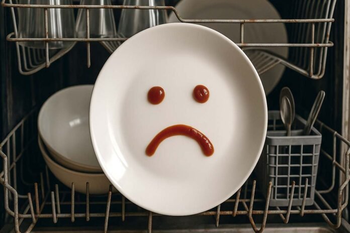 A dirty plate with a sad face drawn in ketchup inside a worn-out dishwasher — symbolizing it's time to replace your dishwasher in 2025.
