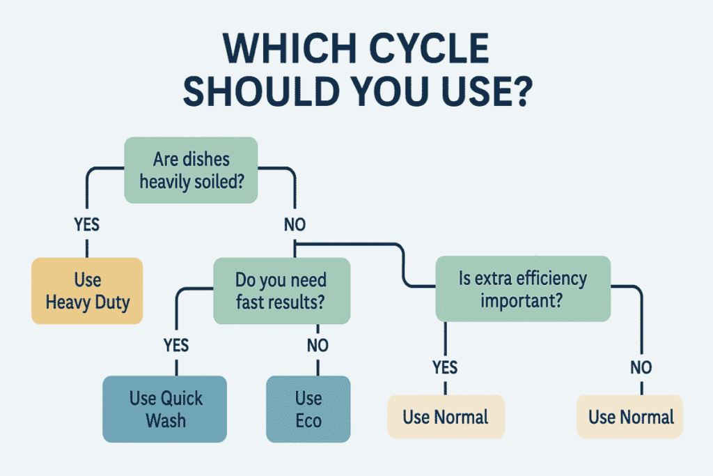 Decision tree infographic showing which dishwasher cycle to use based on dish type, soil level, and time needs. Includes options like Normal, Eco, Heavy, and Quick Wash.