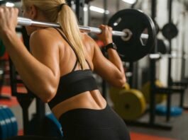 Blonde woman performing a barbell squat in a bright home gym – Best Home Gym Equipment for Every Budget in 2025