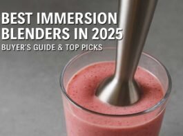 Close-up of an immersion blender mixing a pink smoothie – Best Immersion Blenders in 2025 Buyer’s Guide & Top Picks