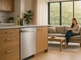 Quiet dishwasher built into a modern open-plan kitchen with a woman reading in the connected living area