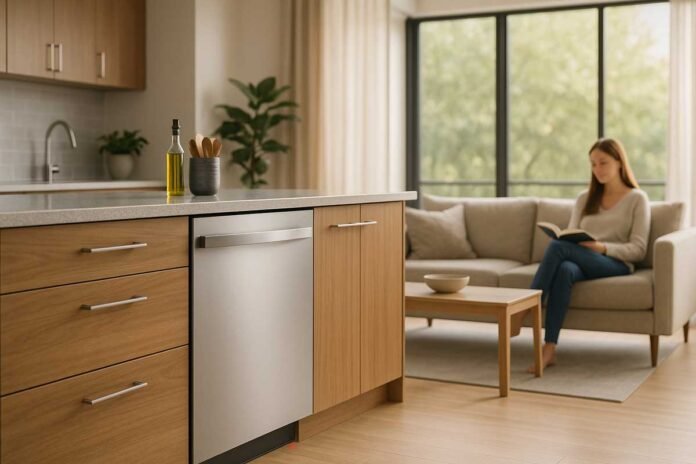 Quiet dishwasher built into a modern open-plan kitchen with a woman reading in the connected living area