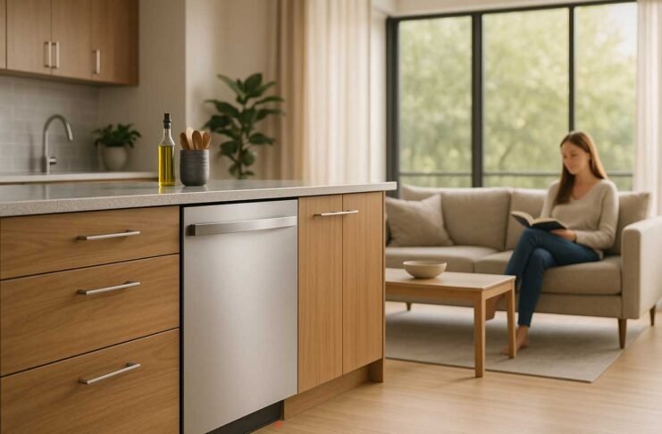 Quiet dishwasher built into a modern open-plan kitchen with a woman reading in the connected living area