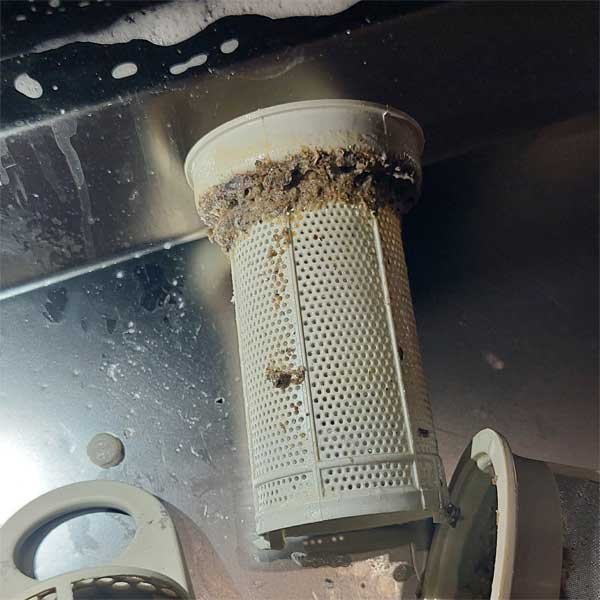 Dirty dishwasher filter with food residue – before cleaning
