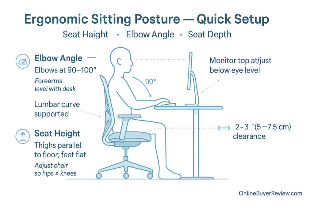ergonomic office chair posture diagram: seat height, elbows 90–100 degrees, 2–3 inch seat depth clearance