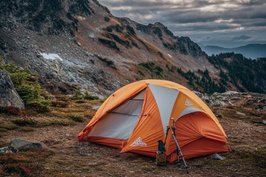 4-season mountain tent setup with rainfly and gear outside