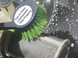 cleaning a dishwasher filter with brush and gloves – how to clean a dishwasher filter properly